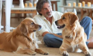 man sitting on the floor with dogs that he is hosting in his home