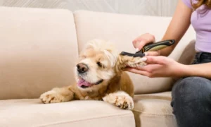 A spaniel lies on it's belly while a woman brushes its fur